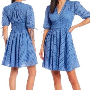 Just Taylor Blue Eyelet V-Neck Smocked Waist Dress Size 6